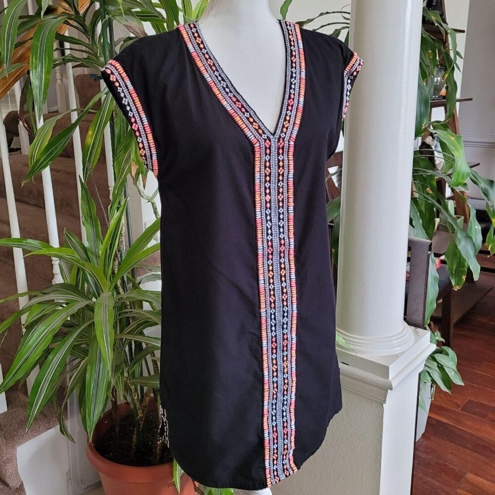 Artisan Ny Black Shift Dress Neon Embroidery Sz Med Simple Casual Comfortable - Picture 3 of 10
